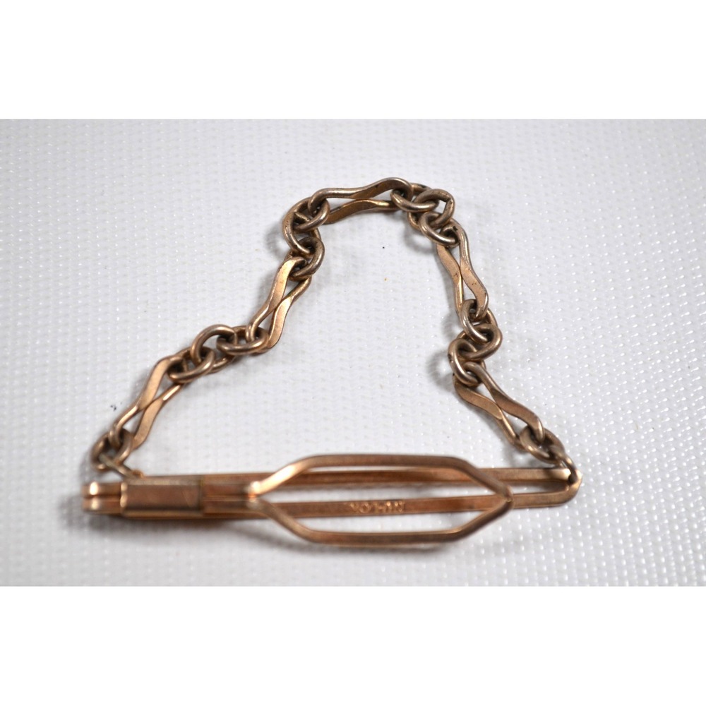 Vintage Gold Tone Nu-Lok Tie Bar Clip Clasp‎ With Hoop Chain 2.5"